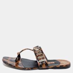 Pre Owned صندل جينا جلد لامع طباعة فهد بني/أسود مزخرف كريستال مقاس 38