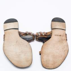 Pre Owned صندل جينا جلد لامع طباعة فهد بني/أسود مزخرف كريستال مقاس 38