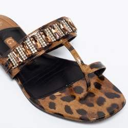 Pre Owned صندل جينا جلد لامع طباعة فهد بني/أسود مزخرف كريستال مقاس 38