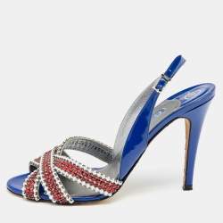 مملوكة مسبقًا Gina Blue Patent Leather Crystal Embellished Criss Cross Slingback Sandals Size 40 