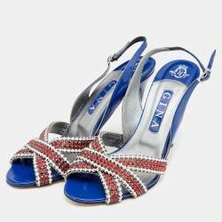 مملوكة مسبقًا Gina Blue Patent Leather Crystal Embellished Criss Cross Slingback Sandals Size 40 