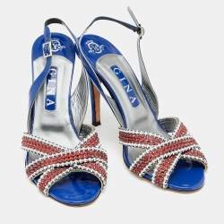 مملوكة مسبقًا Gina Blue Patent Leather Crystal Embellished Criss Cross Slingback Sandals Size 40 