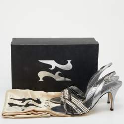 Pre Owned Gina Silver Leather Crystal Embellished Slingback Sandals Size 38.5
