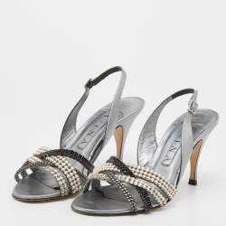 Pre Owned Gina Silver Leather Crystal Embellished Slingback Sandals Size 38.5