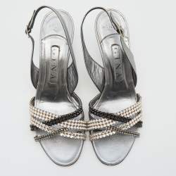 Pre Owned Gina Silver Leather Crystal Embellished Slingback Sandals Size 38.5