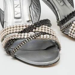 Pre Owned Gina Silver Leather Crystal Embellished Slingback Sandals Size 38.5
