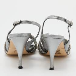 Pre Owned Gina Silver Leather Crystal Embellished Slingback Sandals Size 38.5