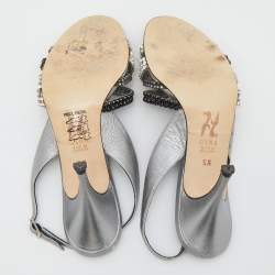 Pre Owned Gina Silver Leather Crystal Embellished Slingback Sandals Size 38.5
