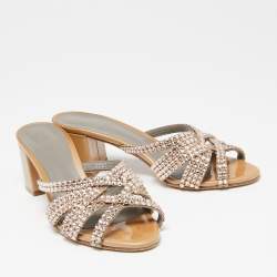 Pre Owned صندل سلايد جينا جلد بيج مزخرف كريستال مقاس 36.5 
