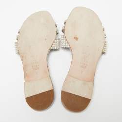 Pre Owned Gina Silver Crystal Embellished Leather Flat Slides Size 40