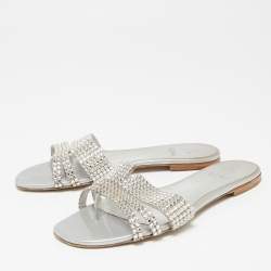 Pre Owned Gina Silver Crystal Embellished Leather Flat Slides Size 40