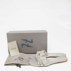 Pre Owned Gina Silver Crystal Embellished Leather Flat Slides Size 40