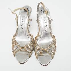 Pre Owned صندل جينا جلد فضي فتحة كعب مزخرف كريستال مقاس 38