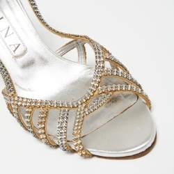 Pre Owned صندل جينا جلد فضي فتحة كعب مزخرف كريستال مقاس 38