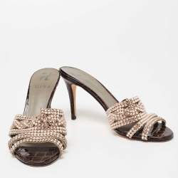 Pre Owned صندل سلايد جينا جلد لامع نقشة تمساح بني مقاس 39.5