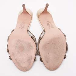 Pre Owned Gina Gold Crystal Embellished Leather Slide Sandals Size 39.5