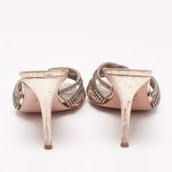 Pre Owned Gina Gold Crystal Embellished Leather Slide Sandals Size 39.5