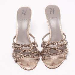 Pre Owned Gina Gold Crystal Embellished Leather Slide Sandals Size 39.5