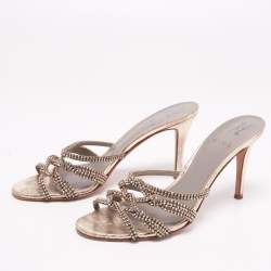 Pre Owned Gina Gold Crystal Embellished Leather Slide Sandals Size 39.5