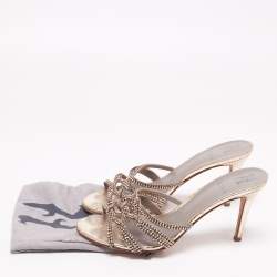 Pre Owned Gina Gold Crystal Embellished Leather Slide Sandals Size 39.5