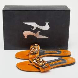 مملوكة مسبقًا Gina Orange Crystal Embellished Leather Thong Flats Size 38