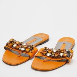 مملوكة مسبقًا Gina Orange Crystal Embellished Leather Thong Flats Size 38