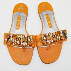 مملوكة مسبقًا Gina Orange Crystal Embellished Leather Thong Flats Size 38