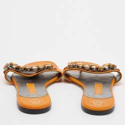 مملوكة مسبقًا Gina Orange Crystal Embellished Leather Thong Flats Size 38