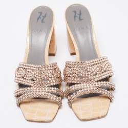 Pre Owned Gina Beige Croc Embossed Patent Leather Dakota Block Heel Sandals Size 38.5