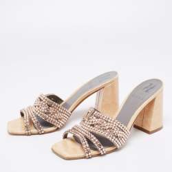 Pre Owned Gina Beige Croc Embossed Patent Leather Dakota Block Heel Sandals Size 38.5