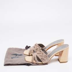 Pre Owned Gina Beige Croc Embossed Patent Leather Dakota Block Heel Sandals Size 38.5