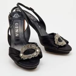 Gina Black Satin Crystal Embellished Slingback Sandals Size 39