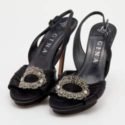 Gina Black Satin Crystal Embellished Slingback Sandals Size 39