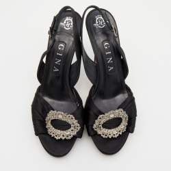 Gina Black Satin Crystal Embellished Slingback Sandals Size 39
