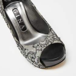 مملوكة مسبقًا Gina Grey/Black Lace Crystal Embellished Open Peep Platform Pumps Size 37