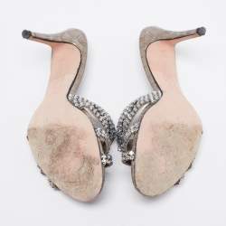 مملوكة مسبقًا Gina Grey Croc Embossed Leather Crystal Embellished Slide Sandals Size 38