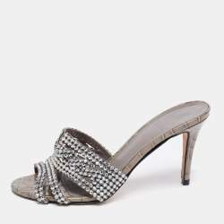 مملوكة مسبقًا Gina Grey Croc Embossed Leather Crystal Embellished Slide Sandals Size 38