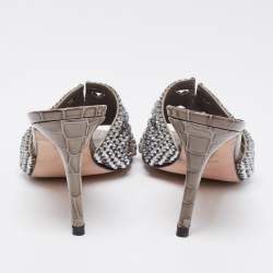 مملوكة مسبقًا Gina Grey Croc Embossed Leather Crystal Embellished Slide Sandals Size 38
