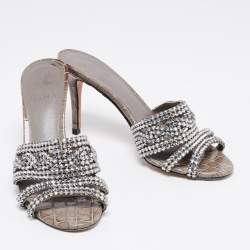 مملوكة مسبقًا Gina Grey Croc Embossed Leather Crystal Embellished Slide Sandals Size 38