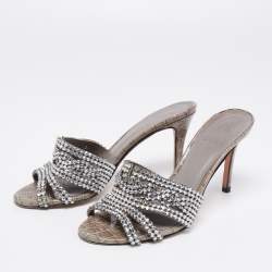مملوكة مسبقًا Gina Grey Croc Embossed Leather Crystal Embellished Slide Sandals Size 38