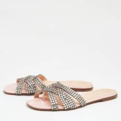 Pre Owned Gina Silver/Pink Leather Crystal Embellished Flat Slides Size 38.5