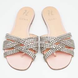Pre Owned Gina Silver/Pink Leather Crystal Embellished Flat Slides Size 38.5