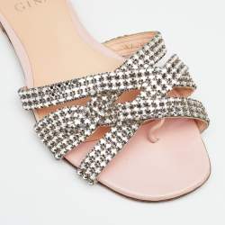 Pre Owned Gina Silver/Pink Leather Crystal Embellished Flat Slides Size 38.5