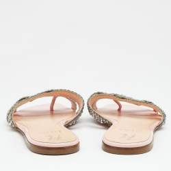Pre Owned Gina Silver/Pink Leather Crystal Embellished Flat Slides Size 38.5