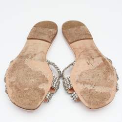 Pre Owned Gina Silver/Pink Leather Crystal Embellished Flat Slides Size 38.5