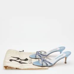 Pre Owned Gina Light Blue Crystal Embellished Leather Strappy Slides Sandals Size 40