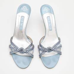 Pre Owned Gina Light Blue Crystal Embellished Leather Strappy Slides Sandals Size 40