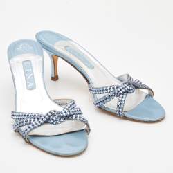 Pre Owned Gina Light Blue Crystal Embellished Leather Strappy Slides Sandals Size 40
