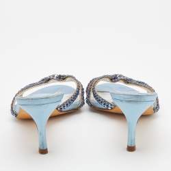Pre Owned Gina Light Blue Crystal Embellished Leather Strappy Slides Sandals Size 40