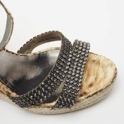 Pre Owned صندل جينا جلد ثعبان بني/ بيج سير كاحل نعل سميك كعب روكي مزخرف كريستال مقاس 40